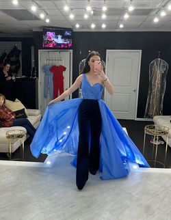 Ava Presley Blue Size 2 Floor Length One Shoulder Belt Jumpsuit Dress on Queenly