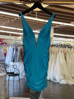 Style 53082 Sherri Hill Blue Size 10 Midi Turquoise Cocktail Dress on Queenly