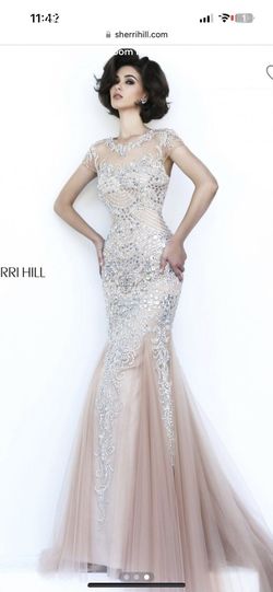 Style -1 Sherri Hill Nude Size 6 Wedding Guest Sheer High Neck Mermaid Dress on Queenly
