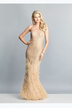 Style 6830 Dave and Johnny Gold Size 4 Feather Pageant Floor Length Straight Dress on Queenly
