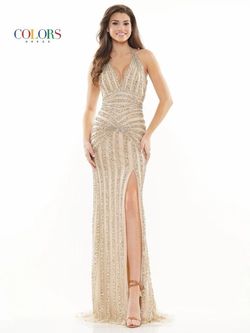 Style 2704 Colors Gold Size 6 Halter Tall Height Pageant Side slit Dress on Queenly