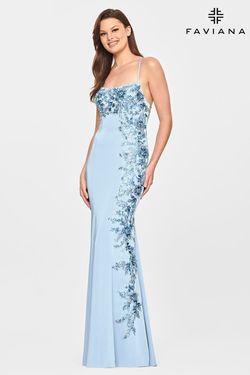 Style S10845 Faviana Blue Size 0 Pageant Sequined Lace Mermaid Dress on Queenly