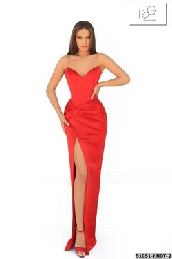 Style 51147 Tarik Ediz Red Size 10 Black Tie Tall Height Side slit Dress on Queenly