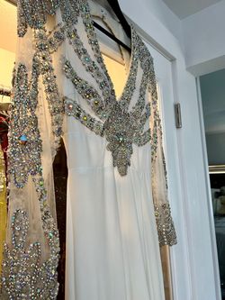 Mac Duggal White Size 4 50 Off Prom Long Sleeve Free Shipping Tall Height Train Dress on Queenly