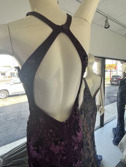 Primavera Purple Size 6 High Neck Pattern Backless Side slit Dress on Queenly