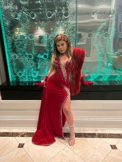 Jovani Red Size 2 Jersey Plunge Side slit Dress on Queenly