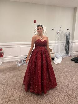 Elizabeth K Red Size 4 Prom Sequined Quinceanera Strapless Ball gown on Queenly