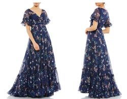 Mac Duggal Blue Size 14 Floor Length Floral A-line Dress on Queenly