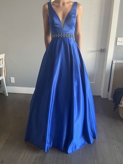 Ed Young Blue Size 2 Pockets Belt Prom A-line Dress on Queenly