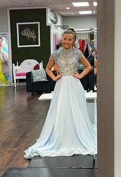Style Custom couture  Rachel Allan Blue Size 2 Cap Sleeve High Neck Pageant Ball gown on Queenly