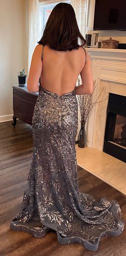 Jovani Silver Size 4 Prom Floor Length Plunge Mermaid Dress on Queenly