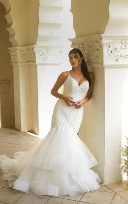 Style 7589 Stella York  White Size 14 Tulle Floor Length Flare Plus Size Straight Dress on Queenly
