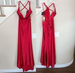 Style Red Deep V-Neck Sleeveless Open Back Satin Mermaid Formal Dress Amelia Couture Red Size 4 Floor Length Mermaid Dress on Queenly