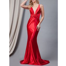 Style Red Deep V-Neck Sleeveless Open Back Satin Mermaid Formal Dress Amelia Couture Red Size 4 Floor Length Mermaid Dress on Queenly