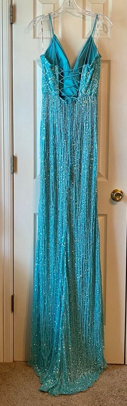 Style 22812 Jovani Blue Size 6 Plunge 22812 Fringe Prom Side slit Dress on Queenly