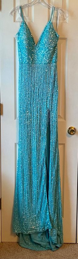 Style 22812 Jovani Blue Size 6 Black Tie Floor Length Plunge Sequined Side slit Dress on Queenly