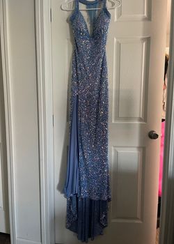 Style 70195 Rachel Allan Blue Size 6 Short Height Side slit Dress on Queenly