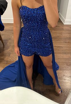 one more couture Size 4 Pageant Strapless Sequined Royal Blue Formal  Jumpsuit on Queenly