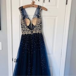 Style 41677 Jovani Blue Size 2 Prom Shiny 41677 Plunge Ball gown on Queenly