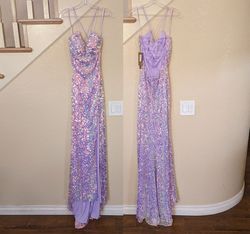 Style Formal Lilac Purple Iridescent Sequined Corset Back Side Slit Dress Amelia Purple Size 8 Corset Train Mermaid Side slit Dress on Queenly
