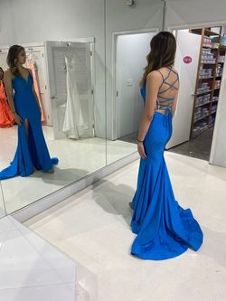 Style 88519 Amarra Blue Size 6 Pageant Black Tie Spaghetti Strap Plunge Prom Side slit Dress on Queenly