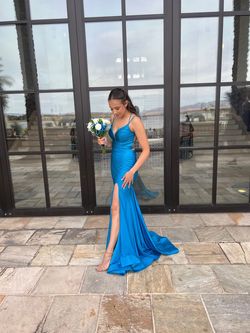 Style 88519 Amarra Blue Size 6 Pageant Black Tie Spaghetti Strap Plunge Prom Side slit Dress on Queenly