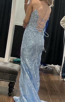 Style 54838 Sherri Hill Light Blue Size 00 Floor Length Side slit Dress on Queenly