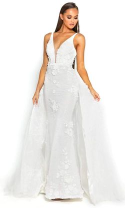 Style 1965 Portia and Scarlett White Size 2 50 Off Plunge Sheer Train Dress on Queenly