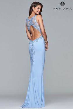 Style 7999 Faviana Blue Size 8 Military Cut Out Lace Straight Dress on Queenly
