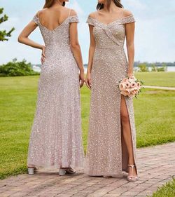Style 1-155531154-98 Adrianna Papell Brown Size 10 Floor Length Glitter Prom Side slit Dress on Queenly