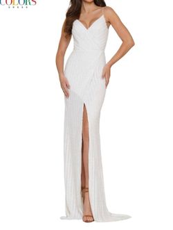 Style 1-1816340567-649 COLORS DRESS White Size 2 Black Tie Tall Height Pageant Side slit Dress on Queenly
