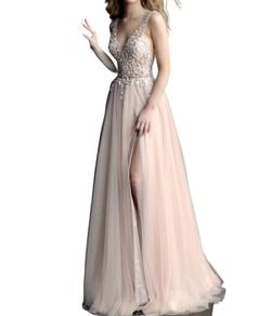 Style 1-1258987462-1901 JOVANI Nude Size 6 Beaded Top Pageant Long Sleeve Side slit Dress on Queenly