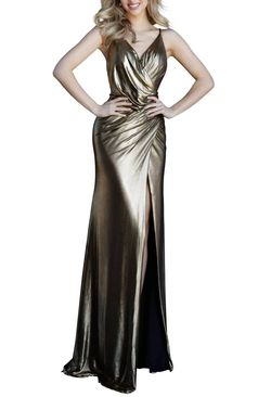 Style 1-1640555330-2168 JOVANI Gold Size 8 Pageant Shiny Floor Length Side slit Dress on Queenly