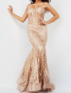Style 1-3411578531-2168 JOVANI Gold Size 8 Pageant Plunge Mermaid Dress on Queenly