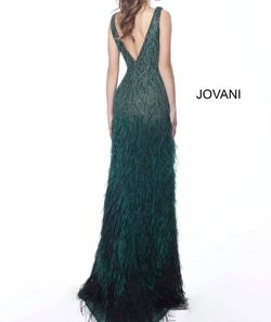 Style 1-761097658-397 JOVANI Green Size 14 1-761097658-397 Beaded Top Feather Straight Dress on Queenly