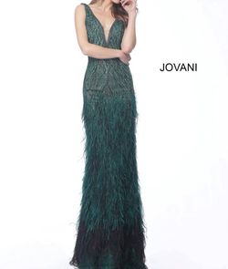 Style 1-761097658-397 JOVANI Green Size 14 1-761097658-397 Beaded Top Feather Straight Dress on Queenly