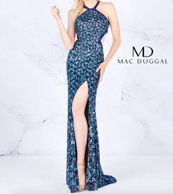 Style 1-931319250-5 MAC DUGGAL Blue Size 0 Tall Height Prom Pageant Teal Side slit Dress on Queenly