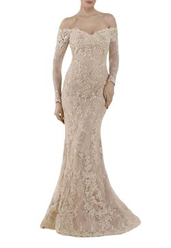 Style 1-1923095778-397 Rina Di Montella Gold Size 14 Lace Wedding Plus Size Mermaid Dress on Queenly