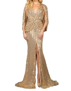 Style 1-1189957775-520 Terani Couture Gold Size 18 Pageant Plus Size Long Sleeve Tall Height Prom Side slit Dress on Queenly