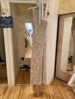 Style 1-3360577598-2168 Terani Couture Nude Size 8 Prom Tulle Sheer Floor Length Side slit Dress on Queenly