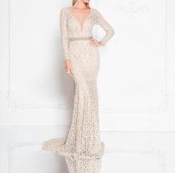 Style 1-3773590437-238 Terani Couture Nude Size 12 Tall Height Boat Neck Plus Size Plunge Mermaid Dress on Queenly