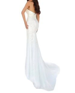 Style 1-1711132304-2168 Tiffany Designs White Size 8 Strapless Tulle Lace Pageant Side slit Dress on Queenly