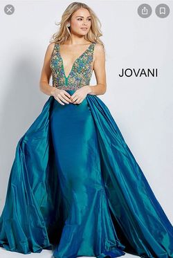 Jovani Blue Size 0 Plunge Fun Fashion Floor Length Train Dress on Queenly