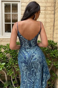 Style J856 Cinderella Divine Blue Size 16 Train Fitted Print Side slit Dress on Queenly