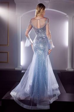 Style CB122 Cinderella Divine Blue Size 8 Train Bell Sleeves Tall Height Mermaid Dress on Queenly