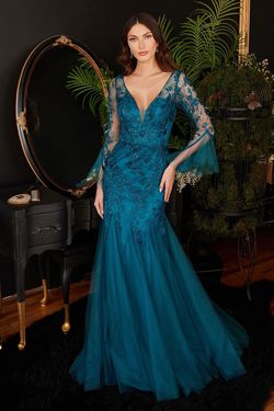 Style CM327 Cinderella Divine Blue Size 22 Bell Sleeves Tulle Lace Sheer Military Mermaid Dress on Queenly