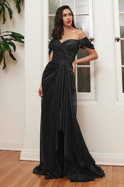 Style CD878 Cinderella Divine Black Size 6 Shiny Cap Sleeve Side slit Dress on Queenly