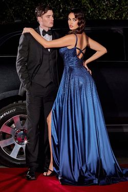 Style CB120 Cinderella Divine Blue Size 6 Black Tie Tall Height Side slit Dress on Queenly