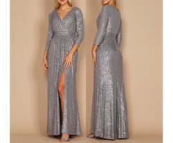 Style Gunmetal Silver Formal Sequined 3/4 Sleeve Side Slit Wedding Guest Dress Silver Size 18 Side slit Dress on Queenly
