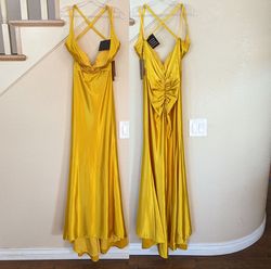 Style Marigold Yellow Deep V-Neck Open Back Satin Prom Mermaid Formal Dress Amelia Yellow Size 4 Plunge Polyester Homecoming Mermaid Dress on Queenly